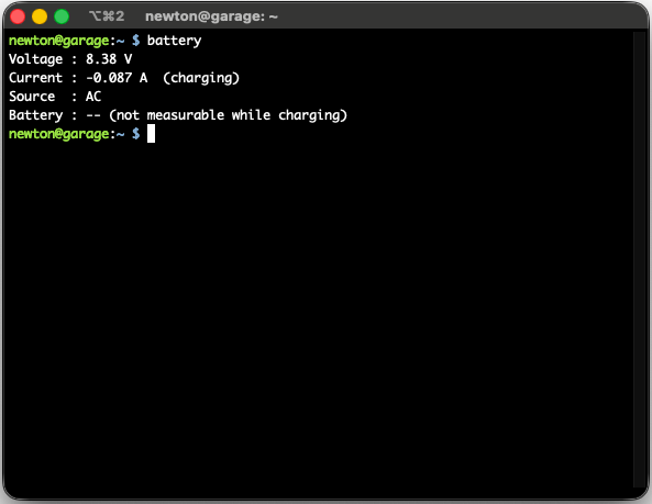 battery command output showing voltage, current, source AC and charging status