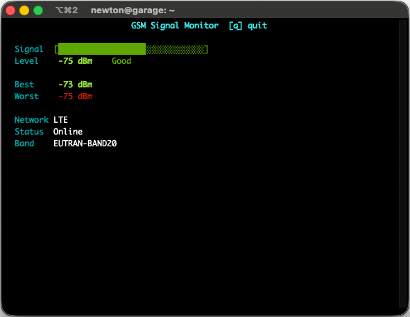 gsm TUI showing signal strength, level, best/worst tracker, network, status and band