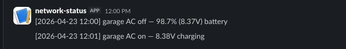 Slack messages from the device: AC off at 12:00 with battery state, then AC on a minute later showing it has resumed charging
