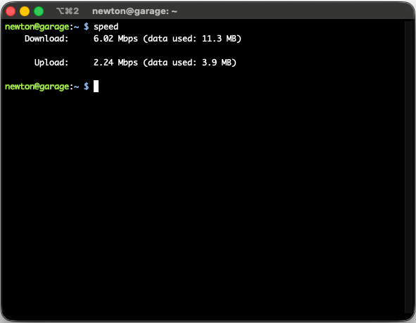 speed command output showing download and upload throughput with data used