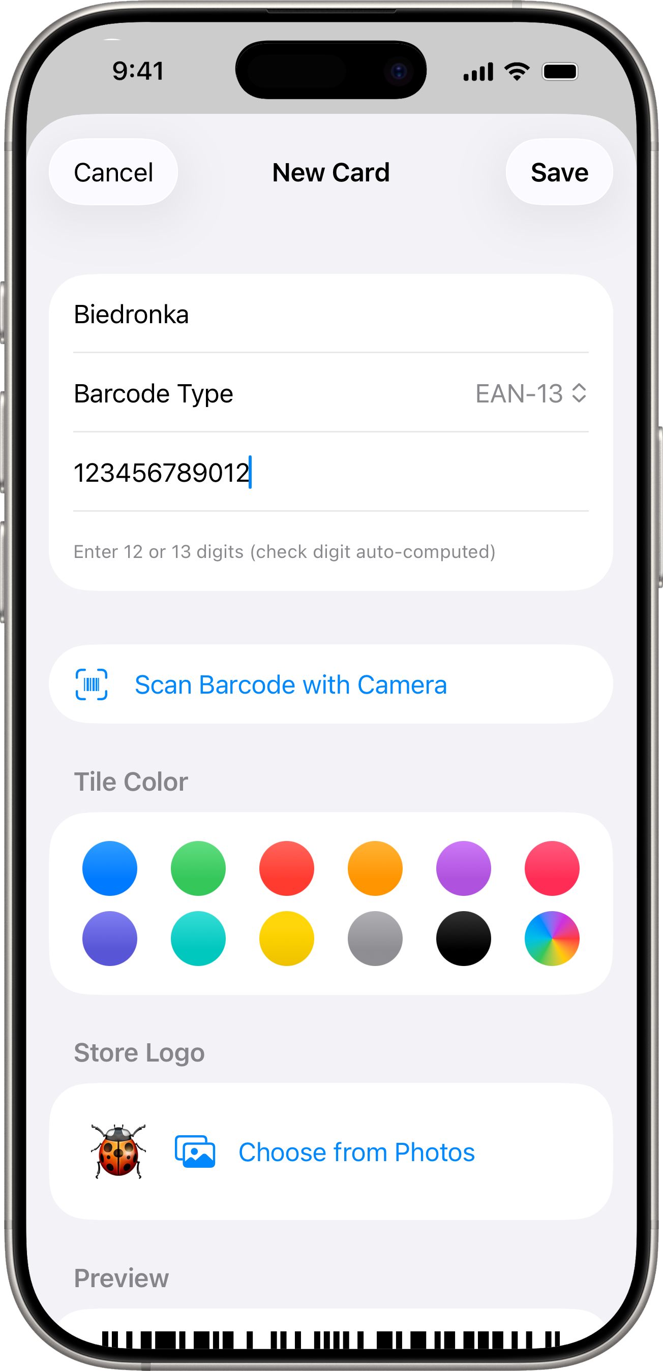 Add Card form with name, number, color and category