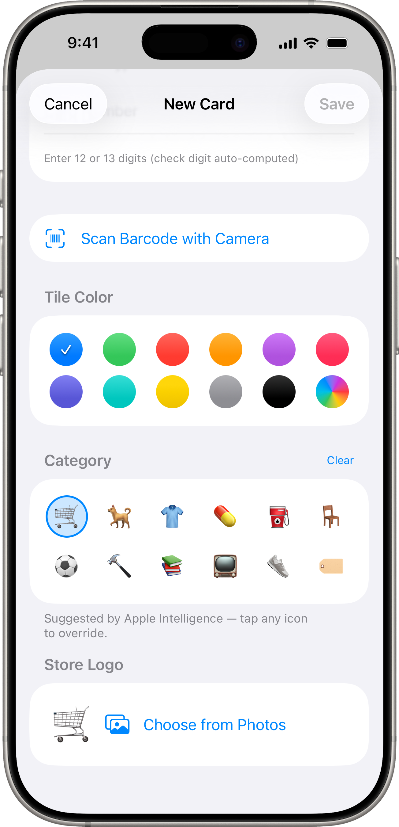 Add Card form showing the Category picker with a suggestion