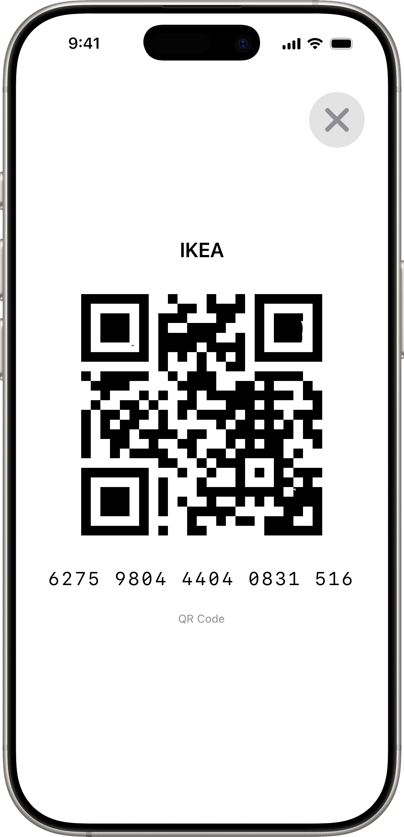Full-screen barcode display with name, code, and number
