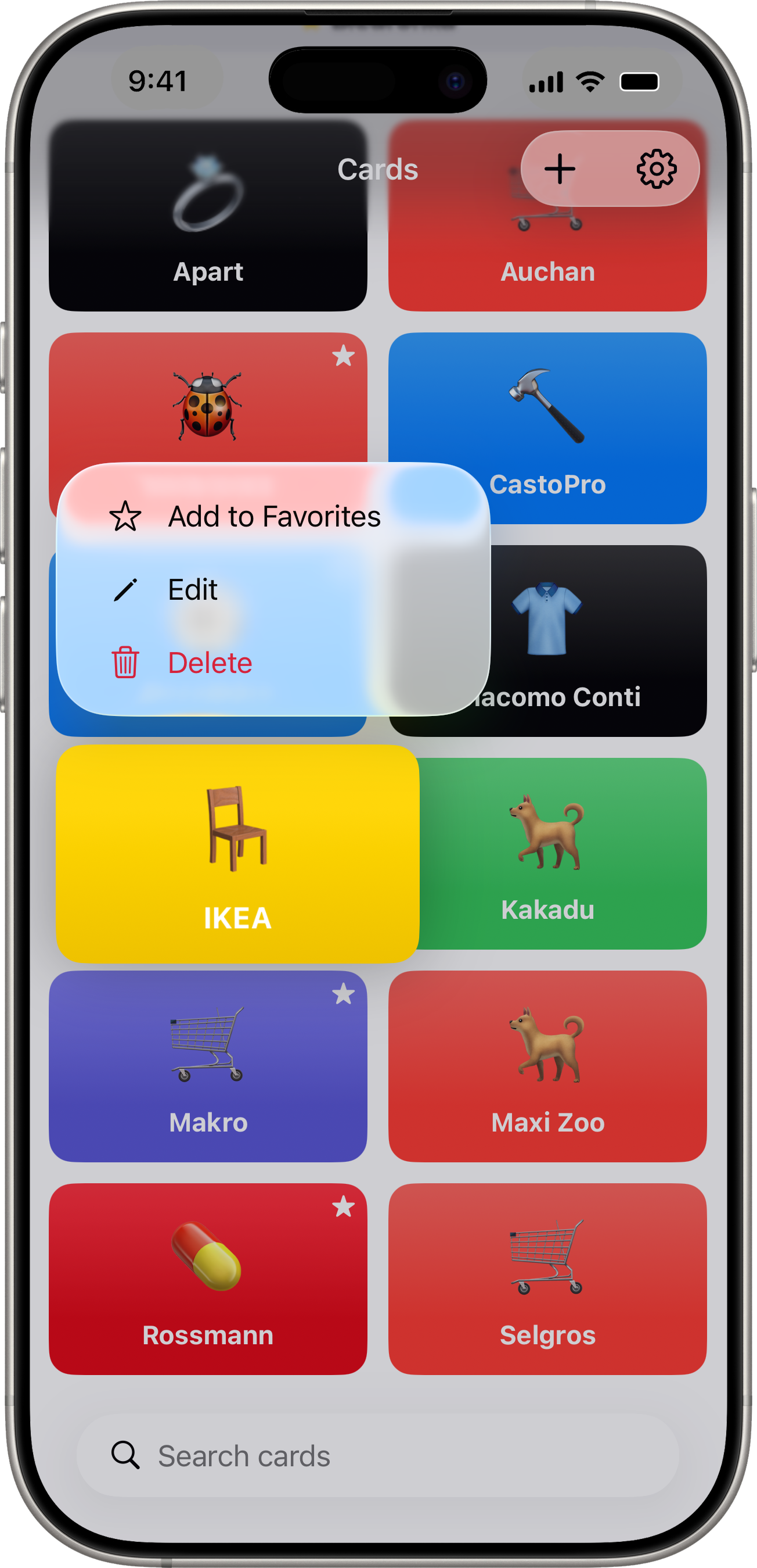 Context menu over a card showing favorite/edit/delete options