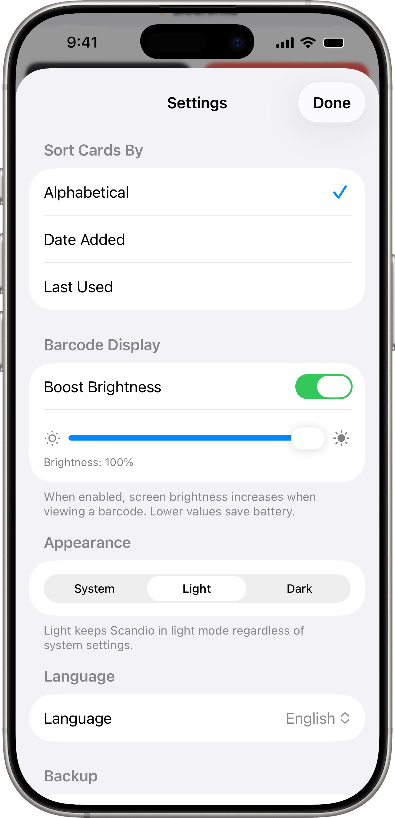 Settings page showing sort, brightness, appearance, language, backup sections