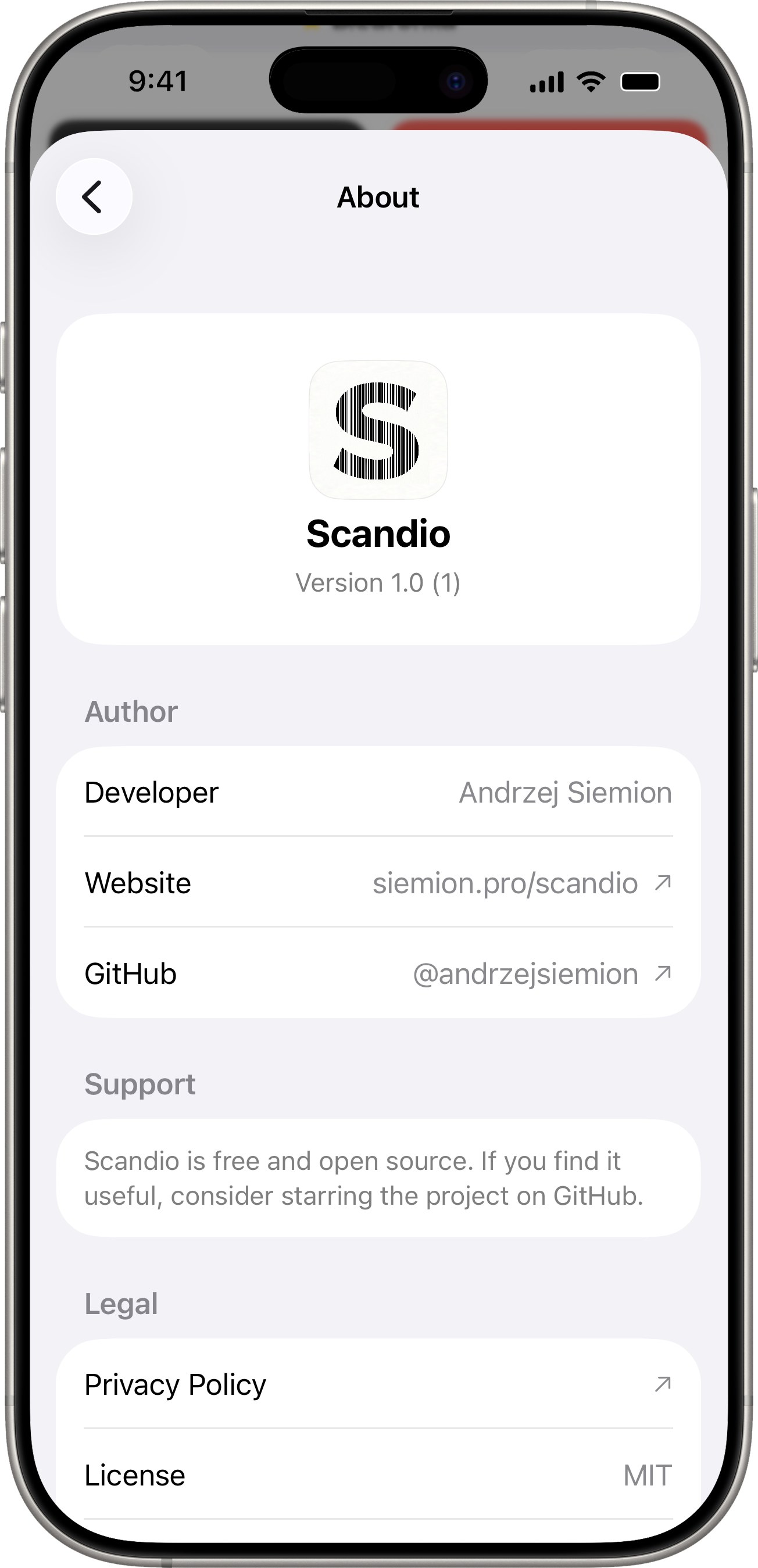 About Scandio detail view with version and links